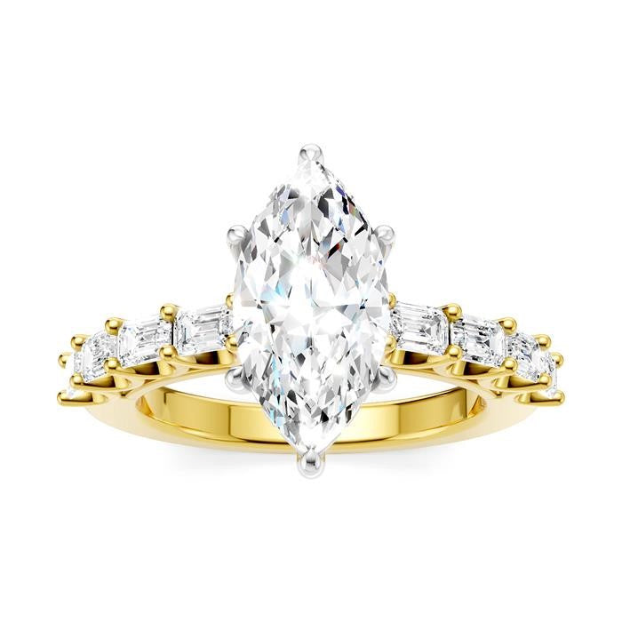 7/8 Ctw Marquise Shape Emerald and Round Cut Diamond Semi-Mount Engagement Ring in 14K Yellow and White Gold