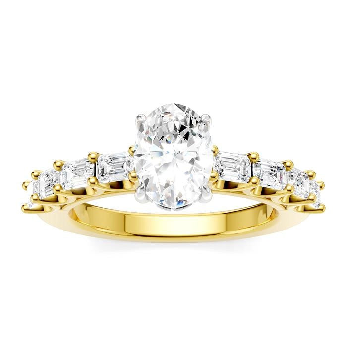 7/8 Ctw Oval Shape Emerald and Round Cut Diamond Semi-Mount Engagement Ring in 14K Yellow and White Gold