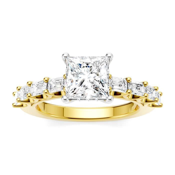 7/8 Ctw Princess Shape Emerald and Round Cut Diamond Semi-Mount Engagement Ring in 14K Yellow and White Gold