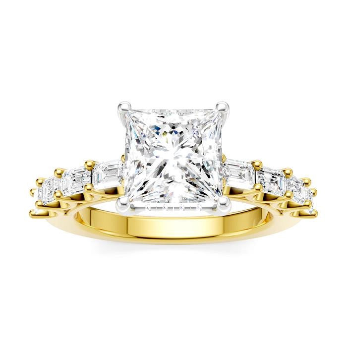 7/8 Ctw Princess Shape Emerald and Round Cut Diamond Semi-Mount Engagement Ring in 14K Yellow and White Gold