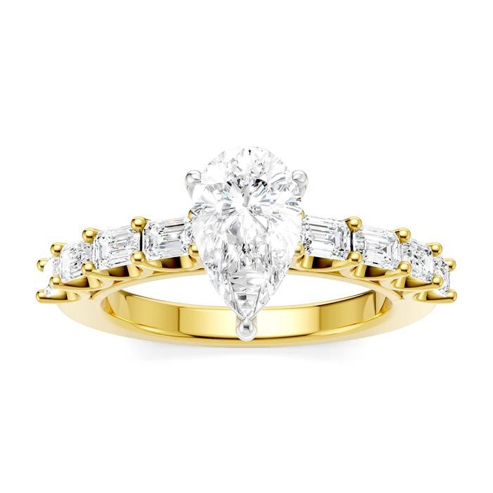 7/8 Ctw Pear Shape Emerald and Round Cut Diamond Semi-Mount Engagement Ring in 14K Yellow and White Gold