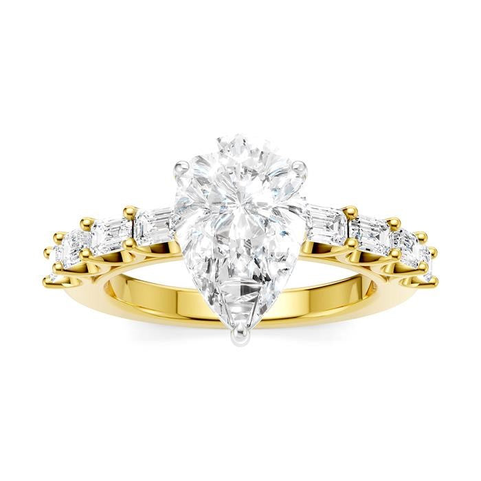 7/8 Ctw Pear Shape Emerald and Round Cut Diamond Semi-Mount Engagement Ring in 14K Yellow and White Gold