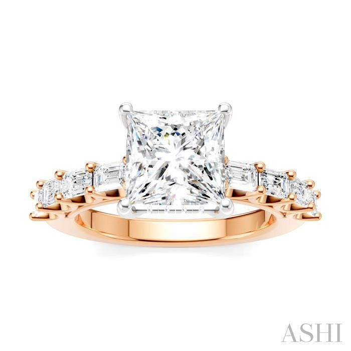 7/8 Ctw Princess Shape Emerald and Round Cut Diamond Semi-Mount Engagement Ring in 14K Rose and White Gold