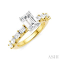 7/8 Ctw Emerald Shape Emerald and Round Cut Diamond Semi-Mount Engagement Ring in 14K Yellow and White Gold