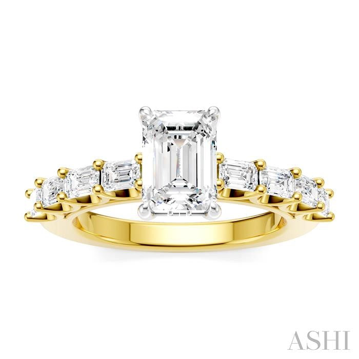 7/8 Ctw Emerald Shape Emerald and Round Cut Diamond Semi-Mount Engagement Ring in 14K Yellow and White Gold