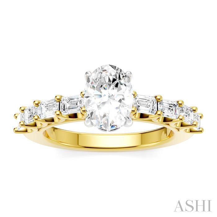 7/8 Ctw Oval Shape Emerald and Round Cut Diamond Semi-Mount Engagement Ring in 14K Yellow and White Gold