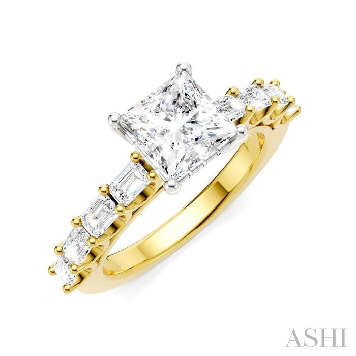 7/8 Ctw Princess Shape Emerald and Round Cut Diamond Semi-Mount Engagement Ring in 14K Yellow and White Gold