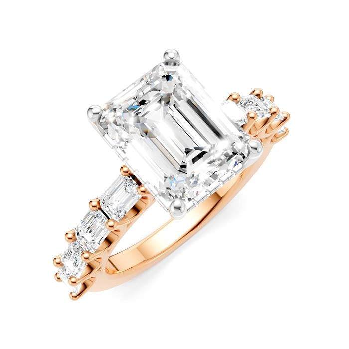 1 3/8 Ctw Emerald Shape Emerald and Round Cut Diamond Semi-Mount Engagement Ring in 14K Rose and White Gold