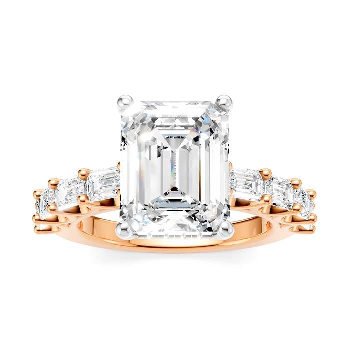 1 3/8 Ctw Emerald Shape Emerald and Round Cut Diamond Semi-Mount Engagement Ring in 14K Rose and White Gold