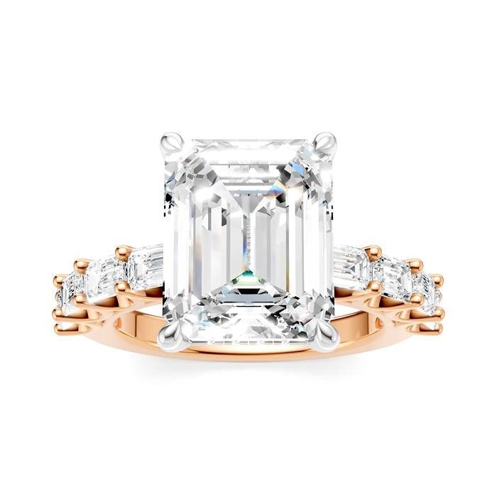 1 1/3 Ctw Emerald Shape Emerald and Round Cut Diamond Semi-Mount Engagement Ring in 14K Rose and White Gold