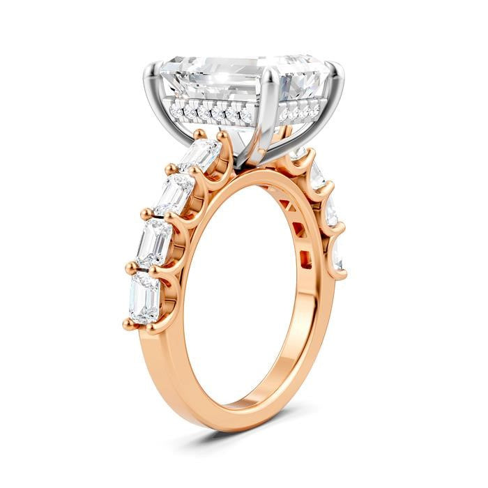 1 1/3 Ctw Emerald Shape Emerald and Round Cut Diamond Semi-Mount Engagement Ring in 14K Rose and White Gold