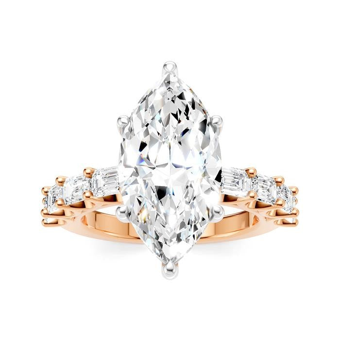 1 1/3 Ctw Marquise Shape Emerald and Round Cut Diamond Semi-Mount Engagement Ring in 14K Rose and White Gold