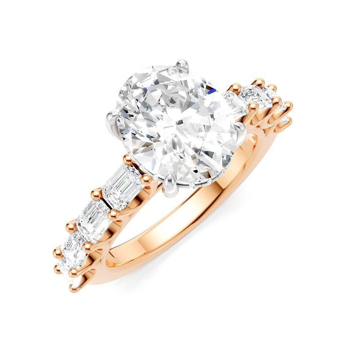 1 1/3 Ctw Oval Shape Emerald and Round Cut Diamond Semi-Mount Engagement Ring in 14K Rose and White Gold