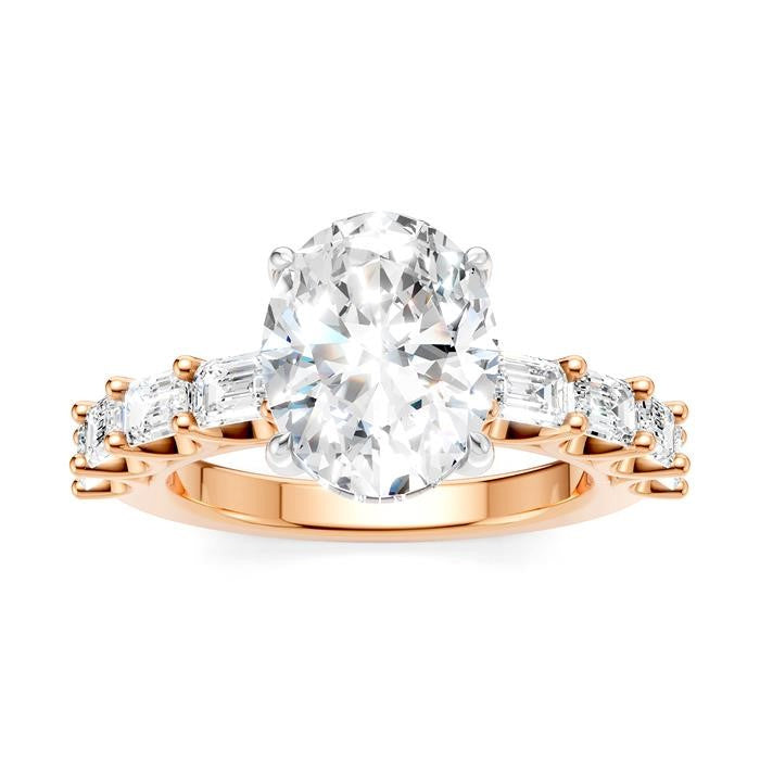 1 1/3 Ctw Oval Shape Emerald and Round Cut Diamond Semi-Mount Engagement Ring in 14K Rose and White Gold