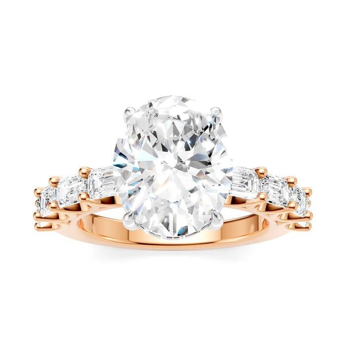 1 1/3 Ctw Oval Shape Emerald and Round Cut Diamond Semi-Mount Engagement Ring in 14K Rose and White Gold