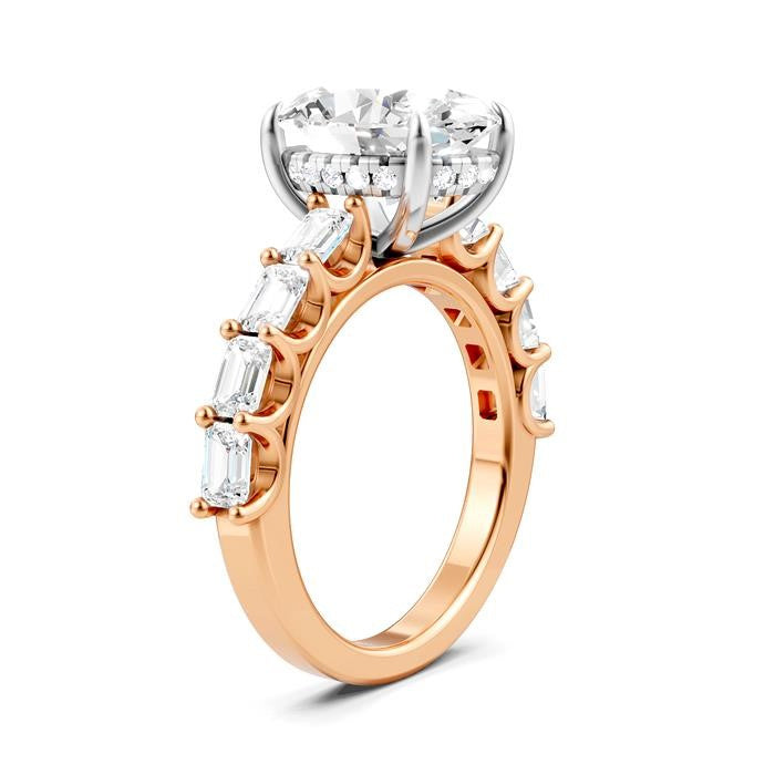 1 1/3 Ctw Oval Shape Emerald and Round Cut Diamond Semi-Mount Engagement Ring in 14K Rose and White Gold