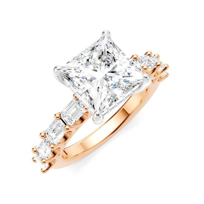 1 1/3 Ctw Princess Shape Emerald and Round Cut Diamond Semi-Mount Engagement Ring in 14K Rose and White Gold