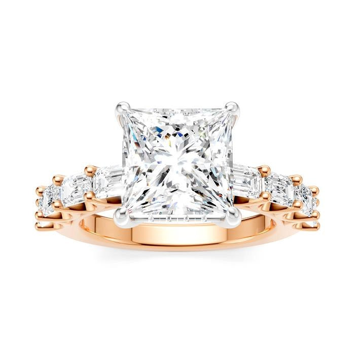 1 1/3 Ctw Princess Shape Emerald and Round Cut Diamond Semi-Mount Engagement Ring in 14K Rose and White Gold