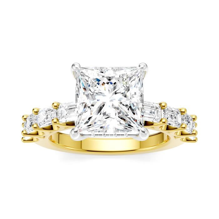 1 1/3 Ctw Princess Shape Emerald and Round Cut Diamond Semi-Mount Engagement Ring in 14K Yellow and White Gold