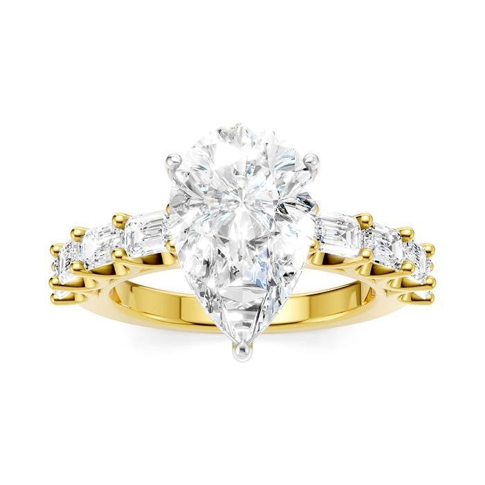 1 1/3 Ctw Pear Shape Emerald and Round Cut Diamond Semi-Mount Engagement Ring in 14K Yellow and White Gold