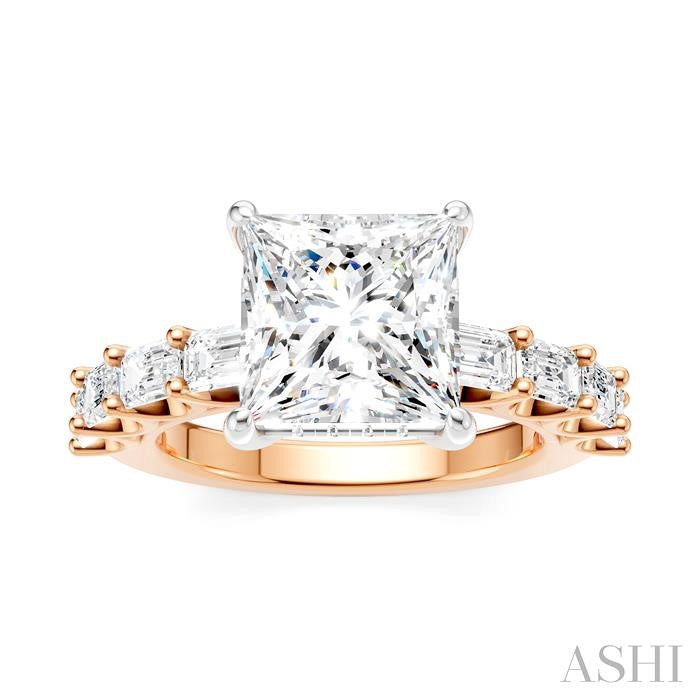 1 1/3 Ctw Princess Shape Emerald and Round Cut Diamond Semi-Mount Engagement Ring in 14K Rose and White Gold