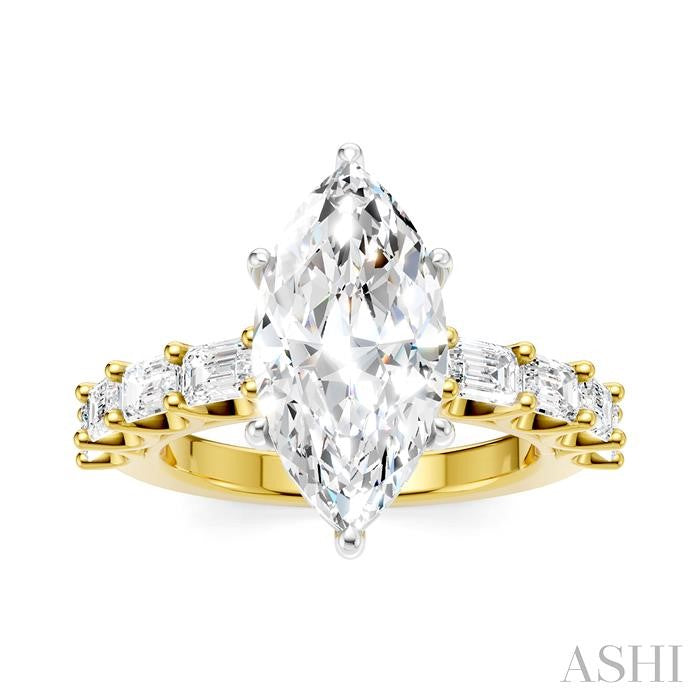 1 1/3 Ctw Marquise Shape Emerald and Round Cut Diamond Semi-Mount Engagement Ring in 14K Yellow and White Gold
