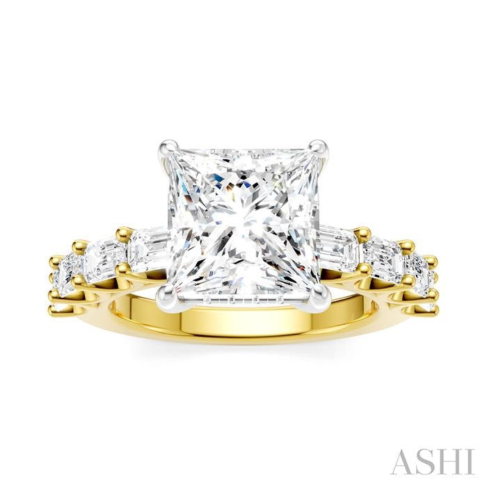1 1/3 Ctw Princess Shape Emerald and Round Cut Diamond Semi-Mount Engagement Ring in 14K Yellow and White Gold
