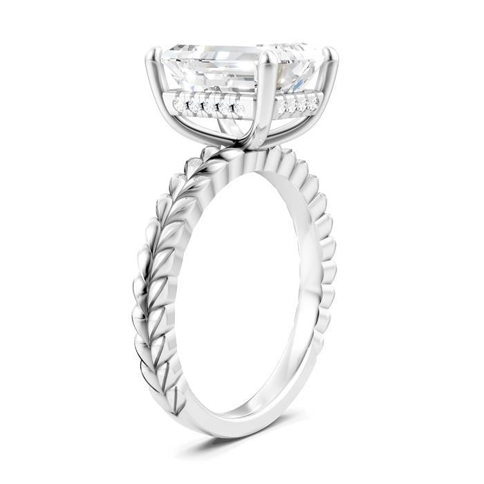 1/10 Ctw Emerald Shape Round Cut Diamond Semi-Mount Engagement Ring in 14K White Gold