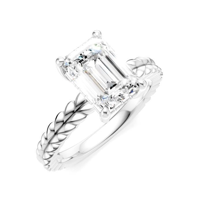 1/10 Ctw Emerald Shape Round Cut Diamond Semi-Mount Engagement Ring in 14K White Gold