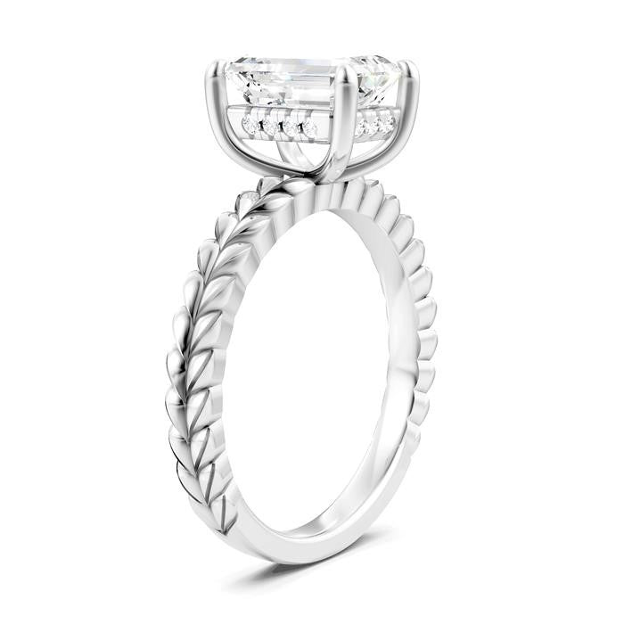 1/10 Ctw Emerald Shape Round Cut Diamond Semi-Mount Engagement Ring in 14K White Gold