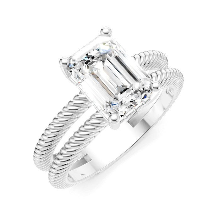 1/10 Ctw Akari Split Rope Textured Shank Emerald Shape Round Cut Diamond Semi Mount Engagement Ring in 14K White Gold