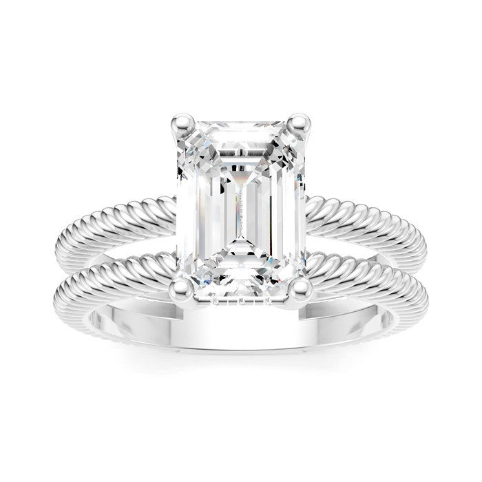 1/10 Ctw Akari Split Rope Textured Shank Emerald Shape Round Cut Diamond Semi Mount Engagement Ring in 14K White Gold