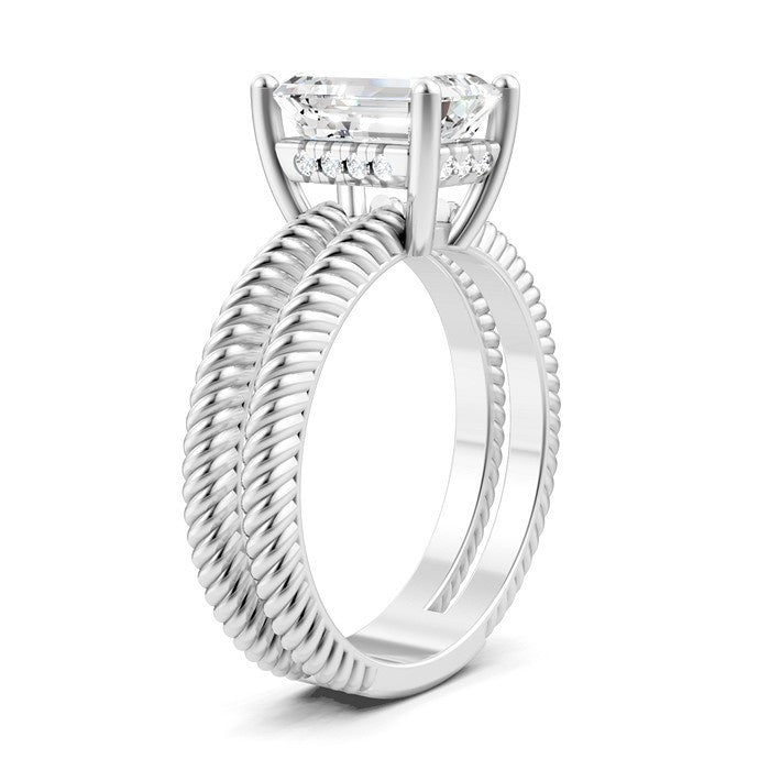 1/10 Ctw Akari Split Rope Textured Shank Emerald Shape Round Cut Diamond Semi Mount Engagement Ring in 14K White Gold