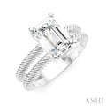 1/10 Ctw Akari Split Rope Textured Shank Emerald Shape Round Cut Diamond Semi Mount Engagement Ring in 14K White Gold
