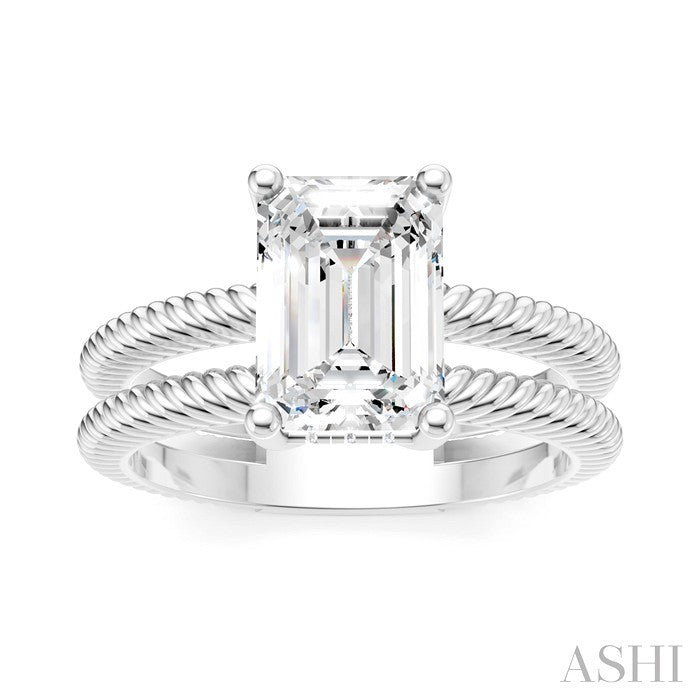 1/10 Ctw Akari Split Rope Textured Shank Emerald Shape Round Cut Diamond Semi Mount Engagement Ring in 14K White Gold