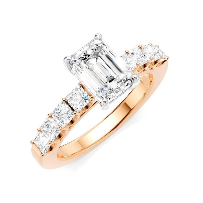 7/8 Ctw Emerald Shape Princess and Round Cut Diamond Semi-Mount Engagement Ring in 14K Rose and White Gold