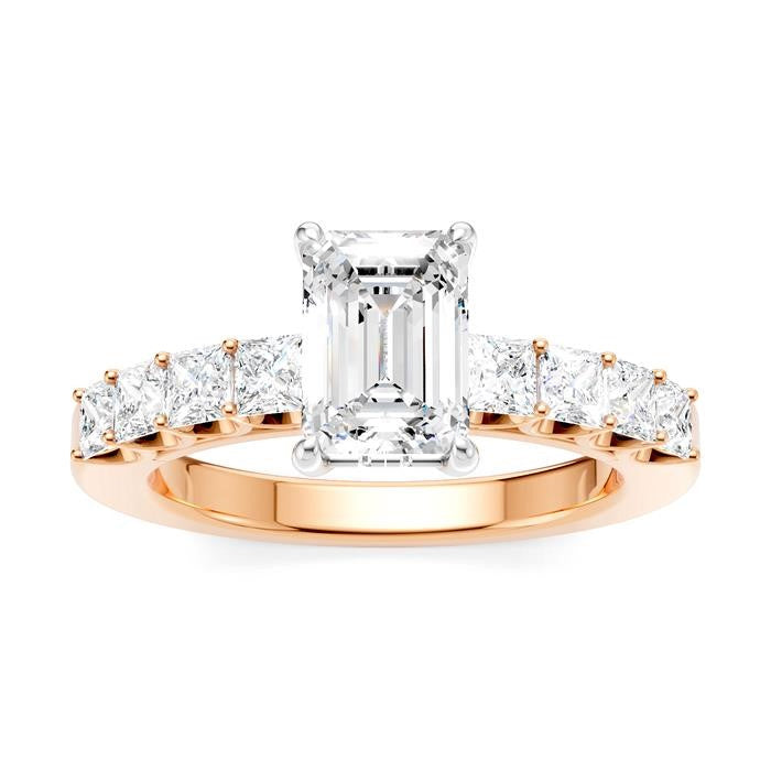 7/8 Ctw Emerald Shape Princess and Round Cut Diamond Semi-Mount Engagement Ring in 14K Rose and White Gold