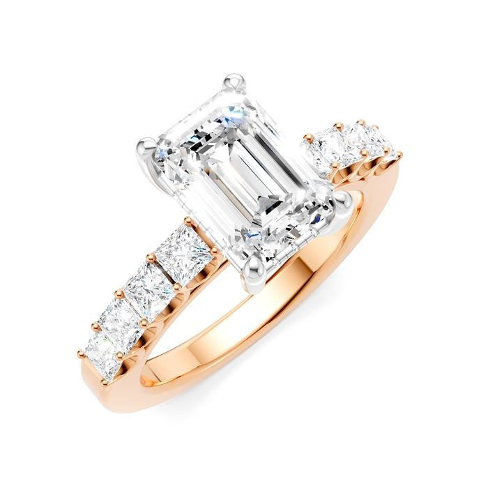 7/8 Ctw Emerald Shape Princess and Round Cut Diamond Semi-Mount Engagement Ring in 14K Rose and White Gold
