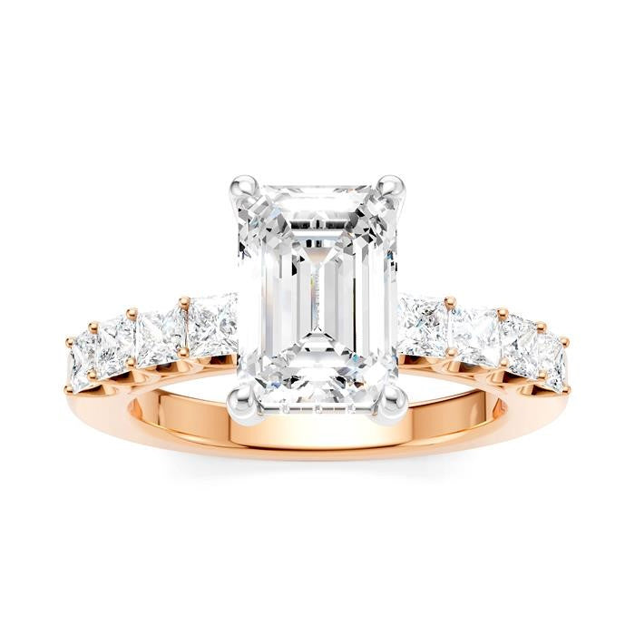 7/8 Ctw Emerald Shape Princess and Round Cut Diamond Semi-Mount Engagement Ring in 14K Rose and White Gold