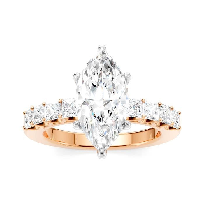 7/8 Ctw Marquise Shape Princess and Round Cut Diamond Semi-Mount Engagement Ring in 14K Rose and White Gold