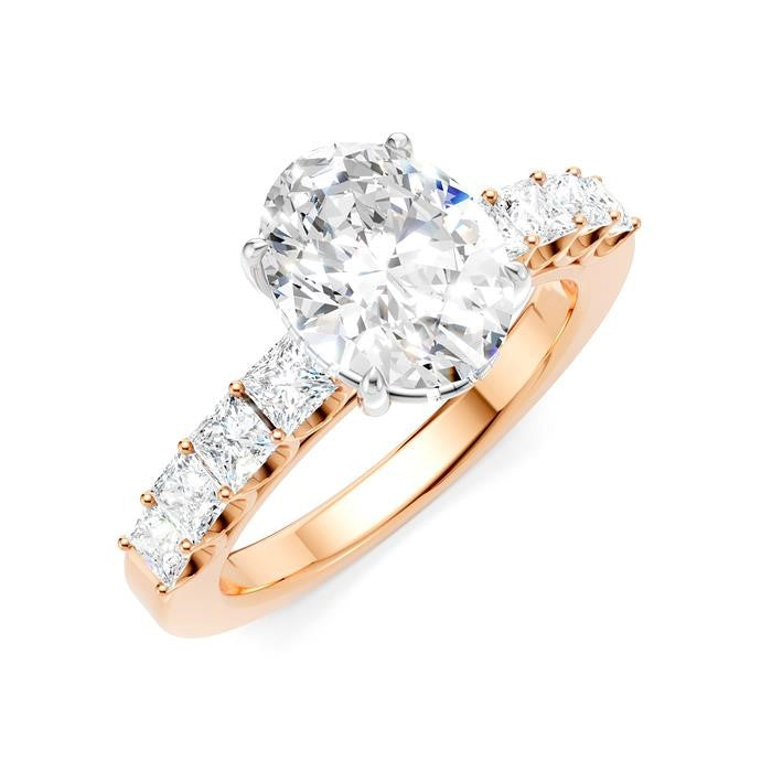 7/8 Ctw Oval Shape Princess and Round Cut Diamond Semi-Mount Engagement Ring in 14K Rose and White Gold