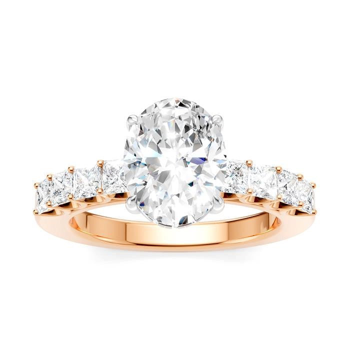 7/8 Ctw Oval Shape Princess and Round Cut Diamond Semi-Mount Engagement Ring in 14K Rose and White Gold