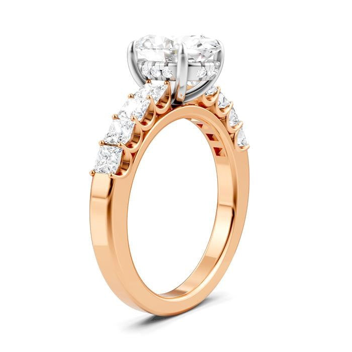 7/8 Ctw Oval Shape Princess and Round Cut Diamond Semi-Mount Engagement Ring in 14K Rose and White Gold