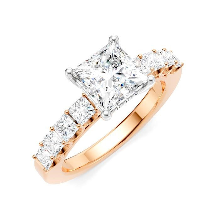 7/8 Ctw Princess Shape Princess and Round Cut Diamond Semi-Mount Engagement Ring in 14K Rose and White Gold