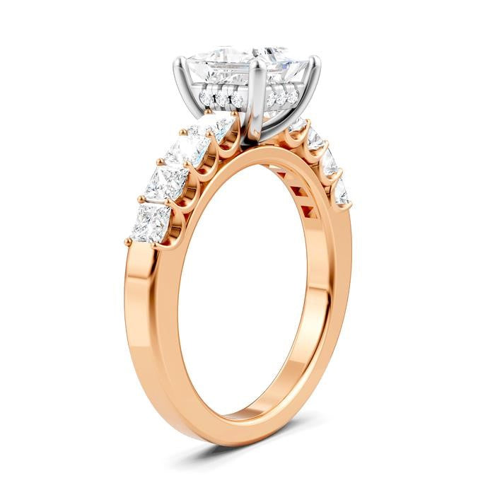 7/8 Ctw Princess Shape Princess and Round Cut Diamond Semi-Mount Engagement Ring in 14K Rose and White Gold