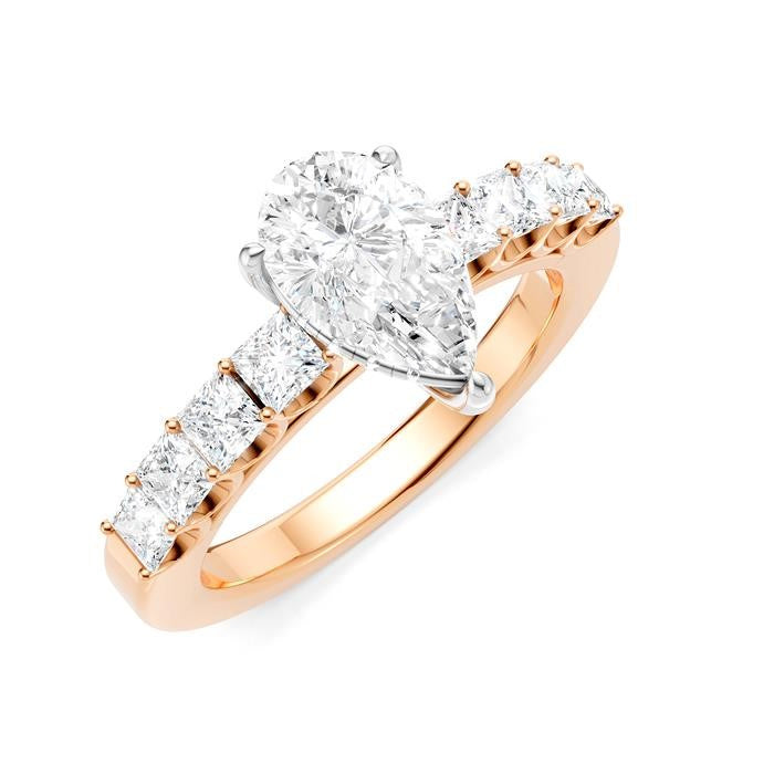 7/8 Ctw Pear Shape Princess and Round Cut Diamond Semi-Mount Engagement Ring in 14K Rose and White Gold
