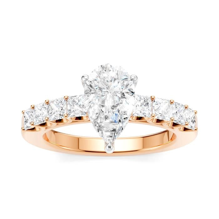 7/8 Ctw Pear Shape Princess and Round Cut Diamond Semi-Mount Engagement Ring in 14K Rose and White Gold