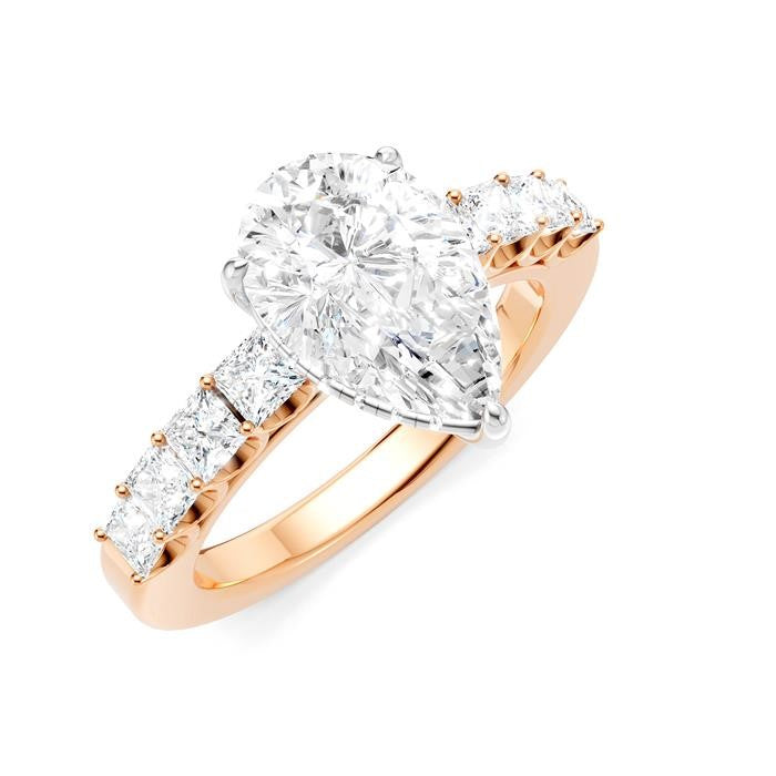 7/8 Ctw Pear Shape Princess and Round Cut Diamond Semi-Mount Engagement Ring in 14K Rose and White Gold