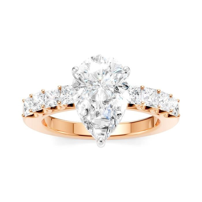 7/8 Ctw Pear Shape Princess and Round Cut Diamond Semi-Mount Engagement Ring in 14K Rose and White Gold