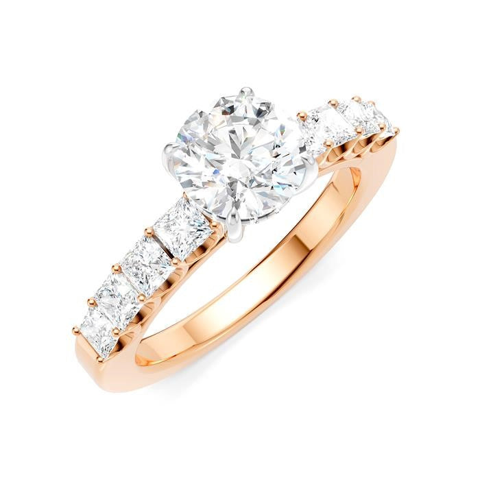 7/8 Ctw Round Shape Princess and Round Cut Diamond Semi-Mount Engagement Ring in 14K Rose and White Gold